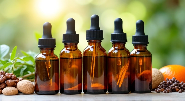 Suplimente naturale pe o masă, cu plante medicinale în fundal