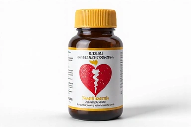 Flacon de Supliment pentru Sănătate Cardiacă, cu etichetă ce simbolizează inima și bunăstarea.