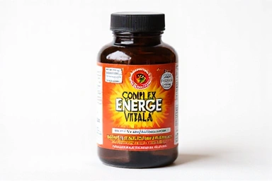 Flacon de Complex Energie Vitală, cu etichetă vibrantă și simboluri de energie.