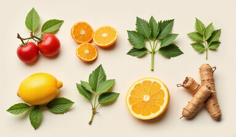 O imagine stilizată a ingredientelor naturale folosite în suplimente, cum ar fi plante, fructe și rădăcini, aranjate artistic.