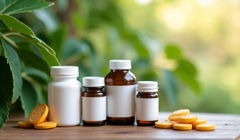 O selecție de flacoane cu suplimente naturale, aranjate estetic pe o suprafață de lemn cu frunze verzi în fundal.